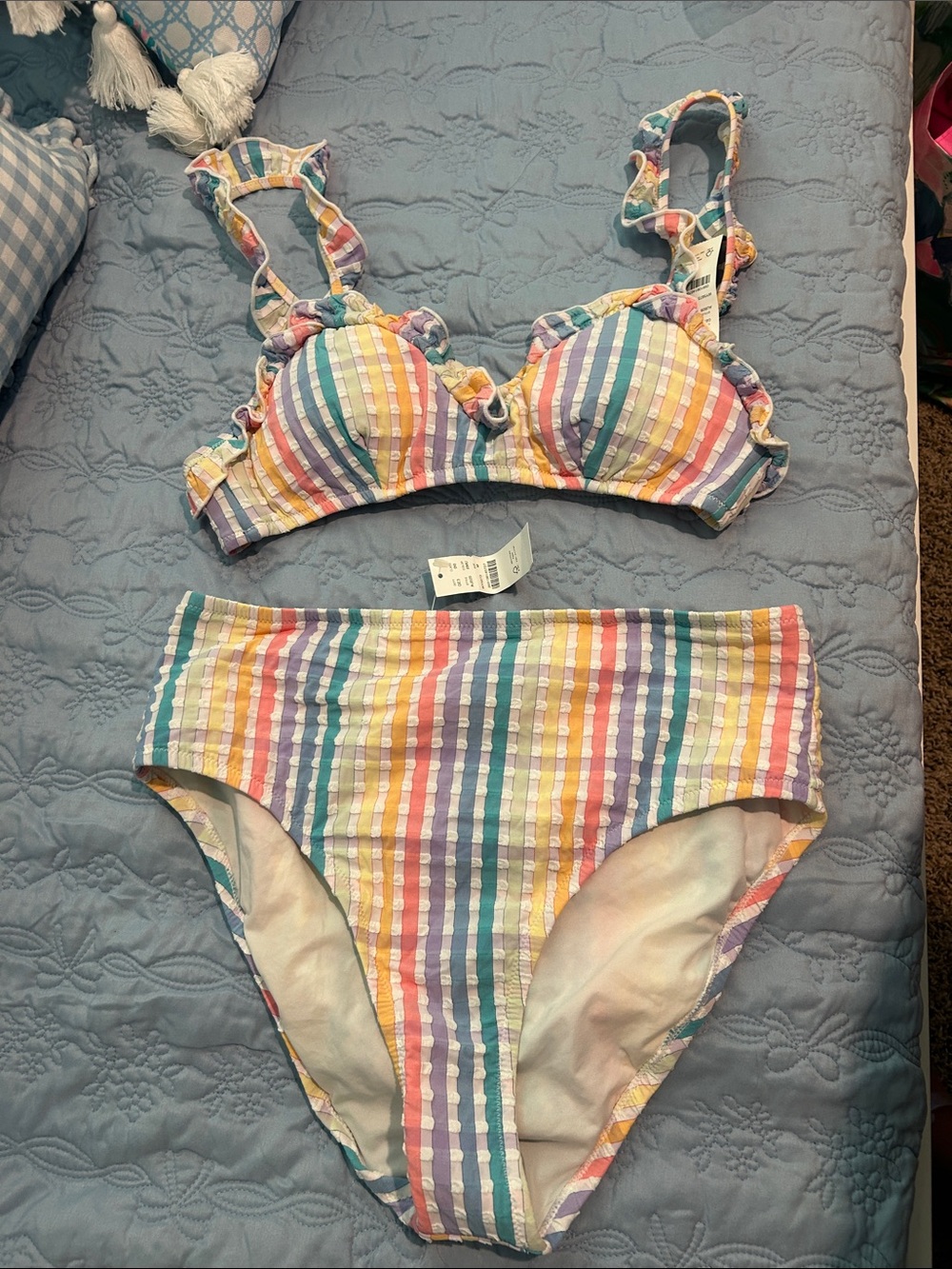 J. Crew Pastel Rainbow Striped Ruffle Bikini Set
